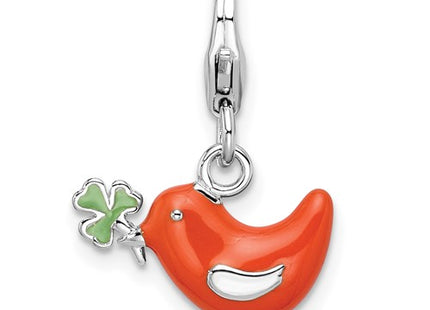 Amore La Vita Sterling Silver Rhodium-plated Polished Enameled Bird and Clover Charm with Fancy Lobster Clasp