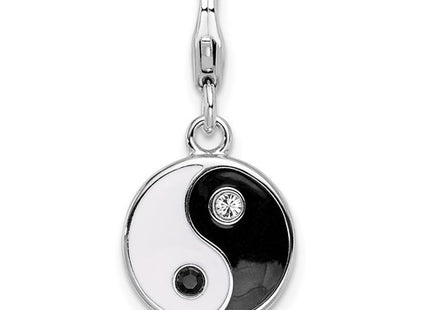 Amore La Vita Sterling Silver Rhodium-plated Polished Enameled Crystal Yin and Yang Charm with Fancy Lobster Clasp