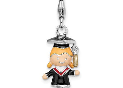 Amore La Vita Sterling Silver Rhodium-plated Polished 3-D Enameled Girl Graduate Charm with Fancy Lobster Clasp