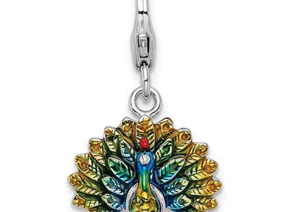 Amore La Vita Sterling Silver Rhodium-plated Polished 3-D Enameled Peacock Charm with Fancy Lobster Clasp