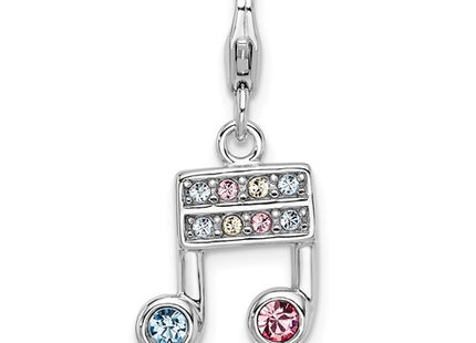 Amore La Vita Sterling Silver Rhodium-plated Polished Pink Blue and Yellow Crystal Music Note Charm with Fancy Lobster Clasp