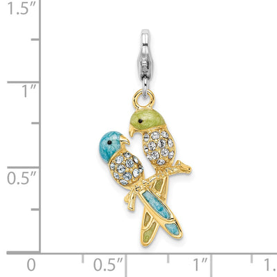 Amore La Vita Sterling Silver Rhodium-plated and Gold-plated Polished 3-D Glitter Enameled Crystal Love Birds Charm