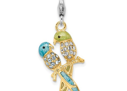 Amore La Vita Sterling Silver Rhodium-plated and Gold-plated Polished 3-D Glitter Enameled Crystal Love Birds Charm