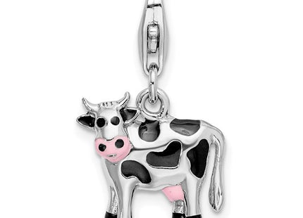 Amore La Vita Sterling Silver Rhodium-plated Polished Enameled 3-D Cow Charm with Fancy Lobster Clasp