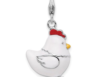 Amore La Vita Sterling Silver Rhodium-plated Polished 3-D Enameled Chicken Charm with Fancy Lobster Clasp