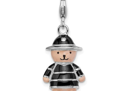Amore La Vita Sterling Silver Rhodium-plated Polished 3-D Enameled Teddy Bear in Black Hat and Coat Charm with Fancy Lobster Clasp