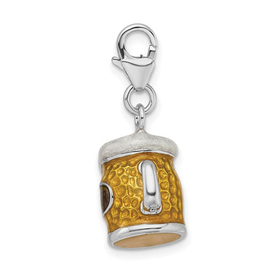 Amore La Vita Sterling Silver Rhodium-plated Polished 3-D Enameled BEER Mug Charm with Fancy Lobster Clasp