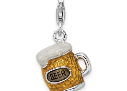 Amore La Vita Sterling Silver Rhodium-plated Polished 3-D Enameled BEER Mug Charm with Fancy Lobster Clasp