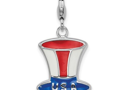 Amore La Vita Sterling Silver Rhodium-plated Polished Enameled USA Hat Charm with Fancy Lobster Clasp