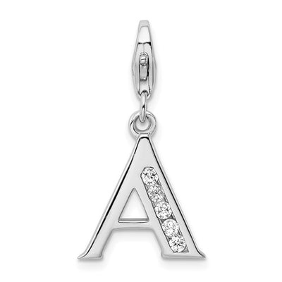 Amore La Vita Sterling Silver Rhodium-plated Polished CZ Letter Initial Charm with Fancy Lobster Clasp, 33 x 12mm