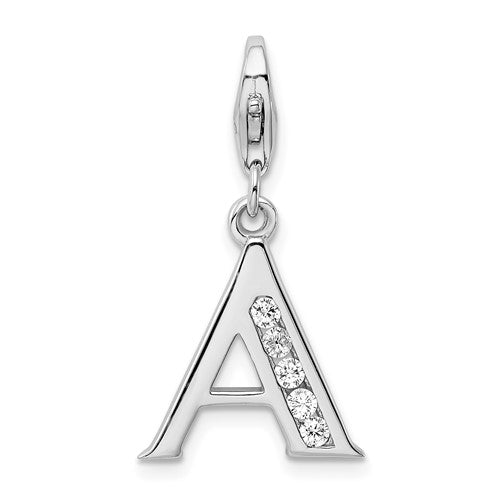 Amore La Vita Sterling Silver Rhodium-plated Polished CZ Letter A Initial Charm with Fancy Lobster Clasp, 33 x 12mm