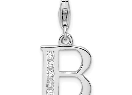 Amore La Vita Sterling Silver Rhodium-plated Polished CZ Letter B Initial Charm with Fancy Lobster Clasp