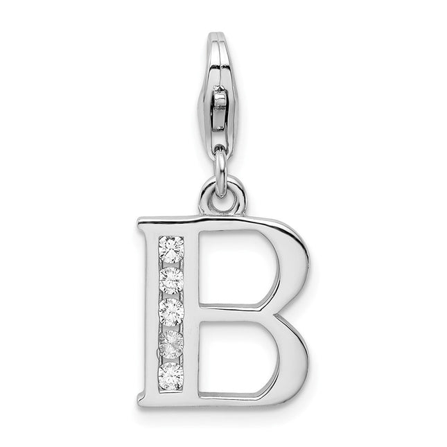 Amore La Vita Sterling Silver Rhodium-plated Polished CZ Letter B Initial Charm with Fancy Lobster Clasp, 33 x 12mm