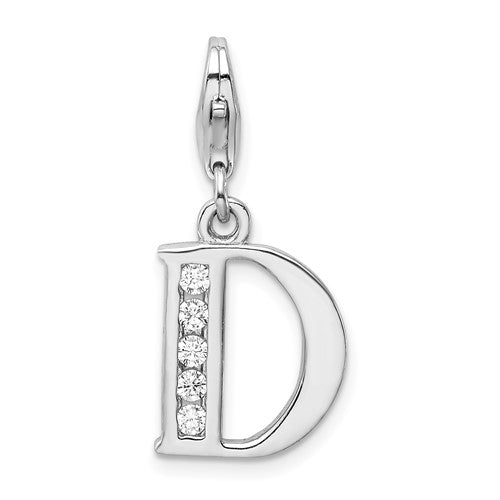 Amore La Vita Sterling Silver Rhodium-plated Polished CZ Letter D Initial Charm with Fancy Lobster Clasp, 33 x 12mm