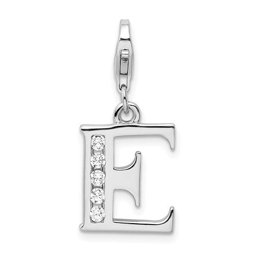 Amore La Vita Sterling Silver Rhodium-plated Polished CZ Letter E Initial Charm with Fancy Lobster Clasp, .5 x 12mm