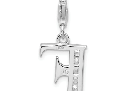Amore La Vita Sterling Silver Rhodium-plated Polished CZ Letter F Initial Charm with Fancy Lobster Clasp, .5 x 12mm