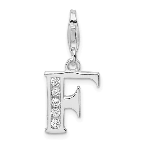 Amore La Vita Sterling Silver Rhodium-plated Polished CZ Letter F Initial Charm with Fancy Lobster Clasp, .5 x 12mm