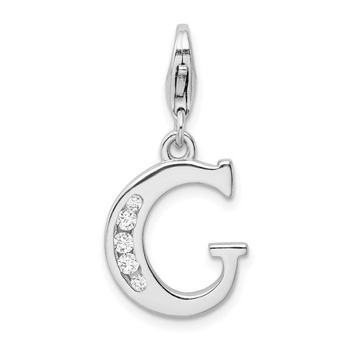Amore La Vita Sterling Silver Rhodium-plated Polished CZ Letter G Initial Charm with Fancy Lobster Clasp, .5 x 12mm