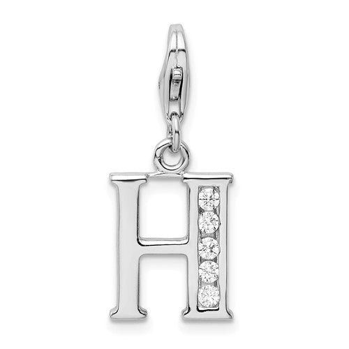 Amore La Vita Sterling Silver Rhodium-plated Polished CZ Letter H Initial Charm with Fancy Lobster Clasp, .5 x 12mm
