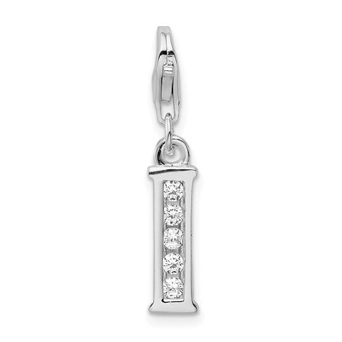 Amore La Vita Sterling Silver Rhodium-plated Polished CZ Letter I Initial Charm with Fancy Lobster Clasp, .5 x 12mm