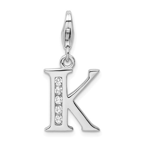 Amore La Vita Sterling Silver Rhodium-plated Polished CZ Letter K Initial Charm with Fancy Lobster Clasp, .5 x 12mm