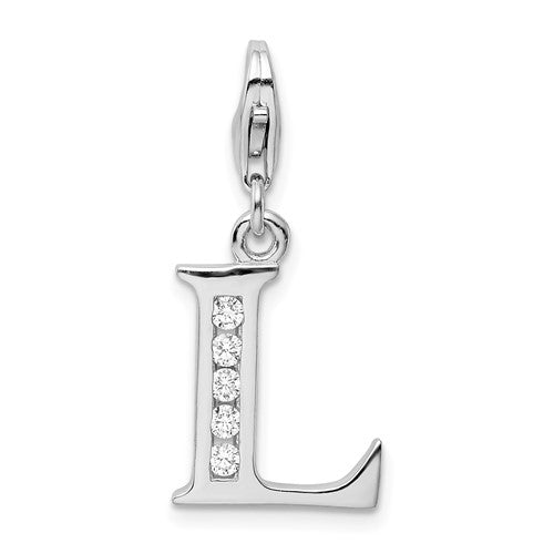 Amore La Vita Sterling Silver Rhodium-plated Polished CZ Letter L Initial Charm with Fancy Lobster Clasp, .5 x 12mm