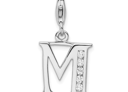 Amore La Vita Sterling Silver Rhodium-plated Polished CZ Letter M Initial Charm with Fancy Lobster Clasp