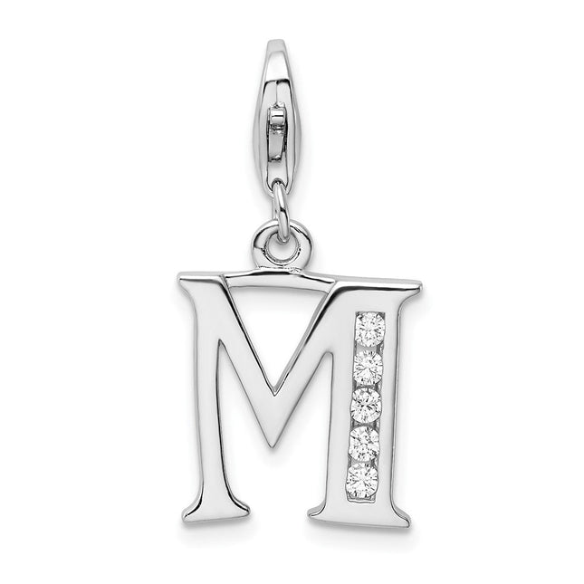 Amore La Vita Sterling Silver Rhodium-plated Polished CZ Letter M Initial Charm with Fancy Lobster Clasp, .5 x 12mm
