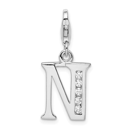 Amore La Vita Sterling Silver Rhodium-plated Polished CZ Letter N Initial Charm with Fancy Lobster Clasp, .5 x 12mm