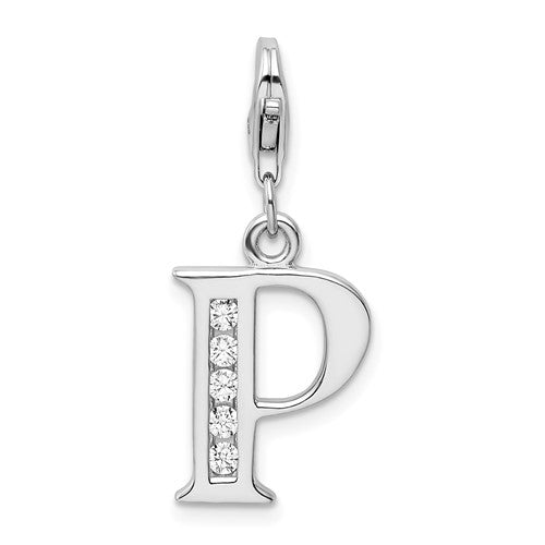 Amore La Vita Sterling Silver Rhodium-plated Polished CZ Letter P Initial Charm with Fancy Lobster Clasp, .5 x 12mm