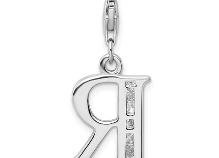 Amore La Vita Sterling Silver Rhodium-plated Polished CZ Letter R Initial Charm with Fancy Lobster Clasp, .5 x 12mm