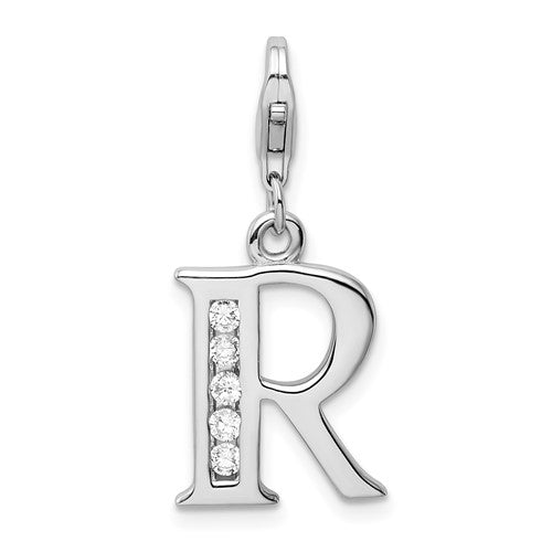 Amore La Vita Sterling Silver Rhodium-plated Polished CZ Letter R Initial Charm with Fancy Lobster Clasp, .5 x 12mm