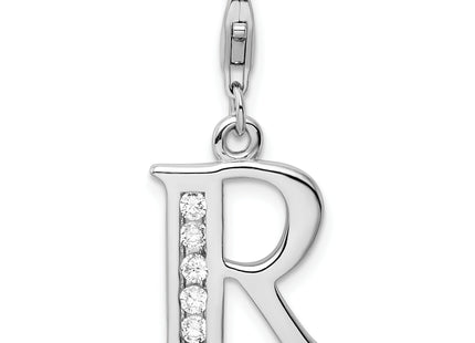 Amore La Vita Sterling Silver Rhodium-plated Polished CZ Letter Initial Charm with Fancy Lobster Clasp (Wide)