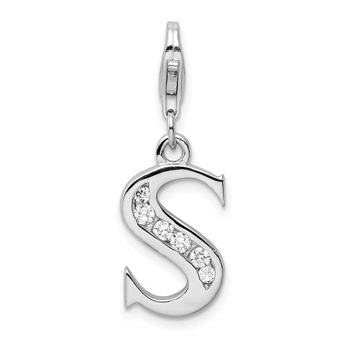 Amore La Vita Sterling Silver Rhodium-plated Polished CZ Letter S Initial Charm with Fancy Lobster Clasp, .5 x 12mm