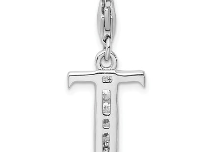Amore La Vita Sterling Silver Rhodium-plated Polished CZ Letter T Initial Charm with Fancy Lobster Clasp (Style QCC104T)