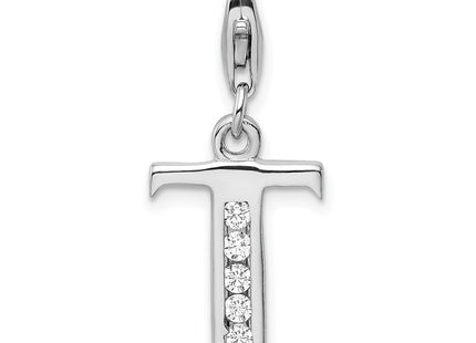 Amore La Vita Sterling Silver Rhodium-plated Polished CZ Letter T Initial Charm with Fancy Lobster Clasp (Style QCC104T)