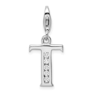 Amore La Vita Sterling Silver Rhodium-plated Polished CZ Letter T Initial Charm with Fancy Lobster Clasp (Style QCC104T)