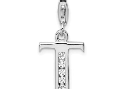 Amore La Vita Sterling Silver Rhodium-plated Polished CZ Letter T Initial Charm with Fancy Lobster Clasp