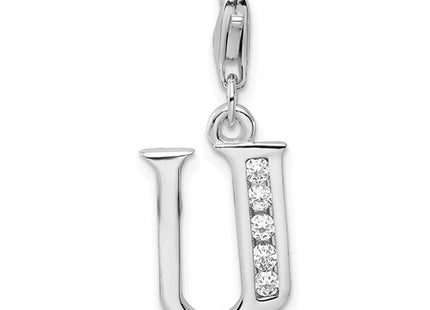 Amore La Vita Sterling Silver Rhodium-plated Polished CZ Letter U Initial Charm with Fancy Lobster Clasp