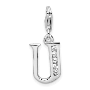 Amore La Vita Sterling Silver Rhodium-plated Polished CZ Letter U Initial Charm with Fancy Lobster Clasp (Style QCC104U)
