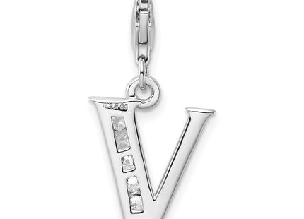Amore La Vita Sterling Silver Rhodium-plated Polished CZ Letter V Initial Charm with Fancy Lobster Clasp (Style QCC104V)