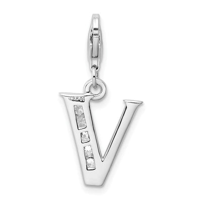 Amore La Vita Sterling Silver Rhodium-plated Polished CZ Letter V Initial Charm with Fancy Lobster Clasp, .5 x 12mm