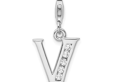 Amore La Vita Sterling Silver Rhodium-plated Polished CZ Letter V Initial Charm with Fancy Lobster Clasp