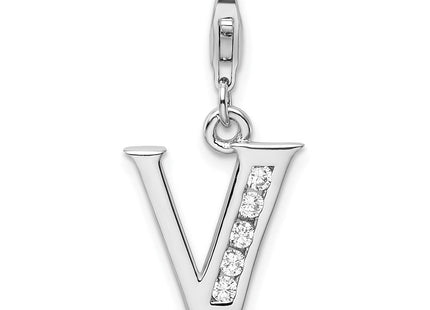 Amore La Vita Sterling Silver Rhodium-plated Polished CZ Letter V Initial Charm with Fancy Lobster Clasp (Style QCC104V)
