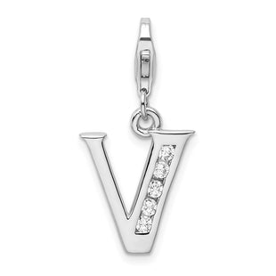 Amore La Vita Sterling Silver Rhodium-plated Polished CZ Letter V Initial Charm with Fancy Lobster Clasp (Style QCC104V)