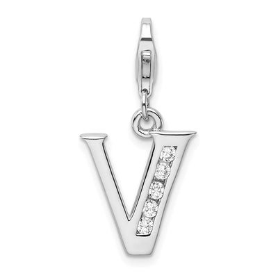 Amore La Vita Sterling Silver Rhodium-plated Polished CZ Letter V Initial Charm with Fancy Lobster Clasp, .5 x 12mm