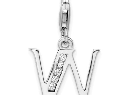 Amore La Vita Sterling Silver Rhodium-plated Polished CZ Letter W Initial Charm with Fancy Lobster Clasp