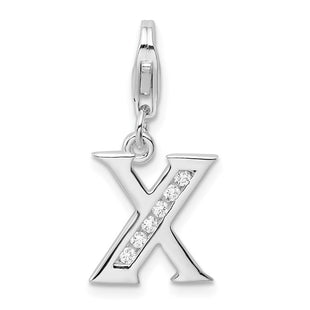 Amore La Vita Sterling Silver Rhodium-plated Polished CZ Letter X Initial Charm with Fancy Lobster Clasp (Style QCC104X)