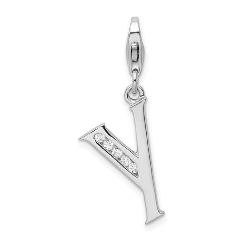 Amore La Vita Sterling Silver Rhodium-plated Polished CZ Letter Y Initial Charm with Fancy Lobster Clasp, .5 x 12mm