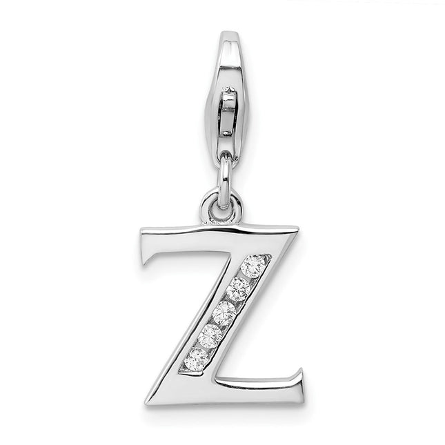Amore La Vita Sterling Silver Rhodium-plated Polished CZ Letter Z Initial Charm with Fancy Lobster Clasp, .5 x 12mm